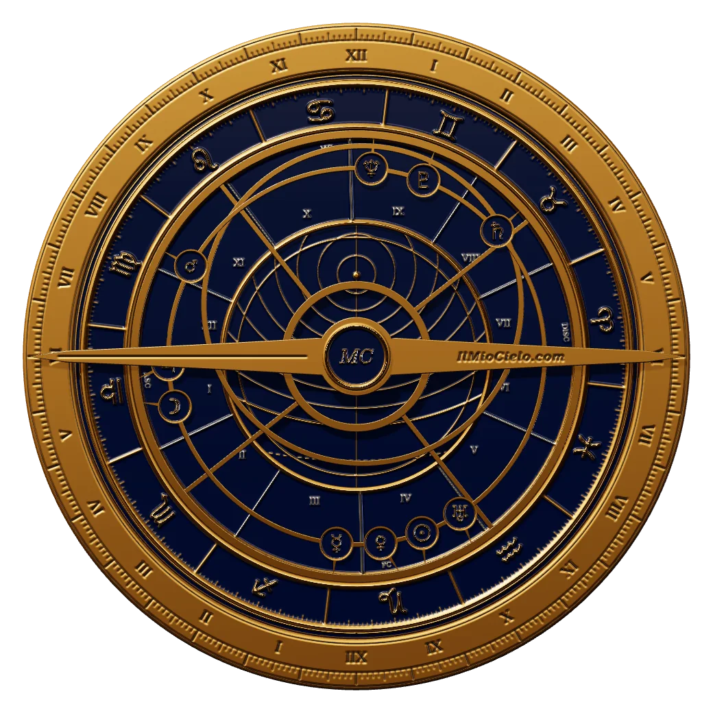 La ruota astrologica di Giovanna d'Arco sull'astrolabio: Sole in Capricorno, Ascendente e Luna in Bilancia.